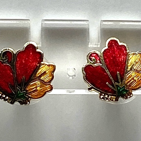 Cloisonné Earrings Flower Gold Tone Red Yellow Vintage - Picture 4 of 11